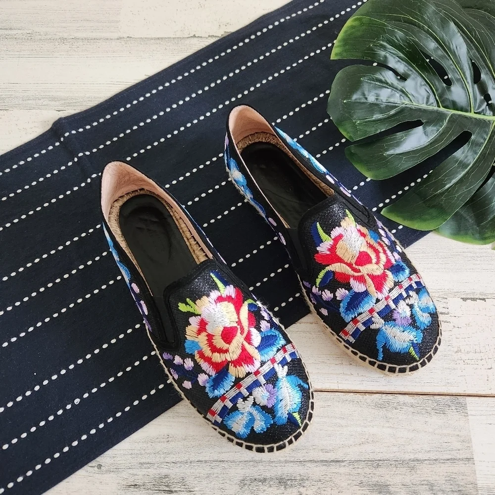 Johnny Was Cooper Embroidered Espadrilles Black Size 41
